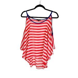 Soprano Women's Striped US Flag Colors Sheer Cold Shoulder Sleeveless Top Size L
